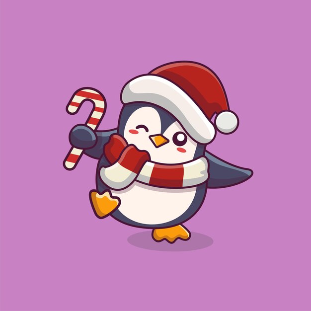 Dibujos animados de pingüinos bailando con bastón de caramelo y sombrero de navidad lindo pingüino sosteniendo bastón de caramelo navidad