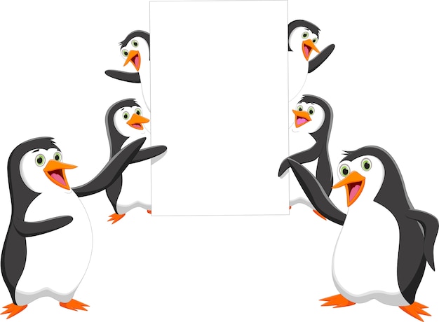 dibujos animados de pingüinos divertidos con un cartel en blanco