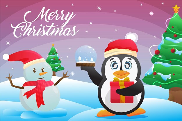 Dibujos animados de pingüinos Feliz Navidad y próspero año nuevo en regalos de Navidad sobre fondo de paisaje