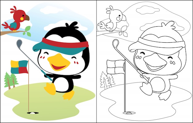 Dibujos animados de pingüinos jugando al golf