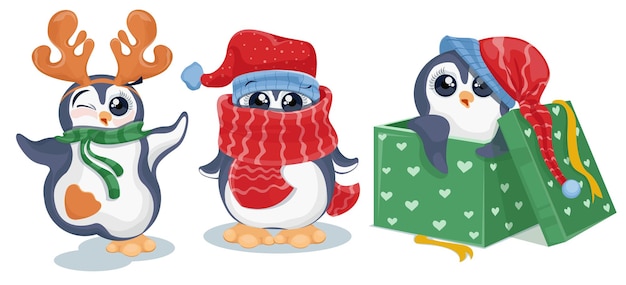 Vector dibujos animados de pingüinos de navidad establece ilustración