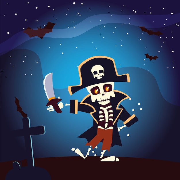 Dibujos animados de pirata de calavera de halloween en el diseño de noche, vacaciones y tema de miedo