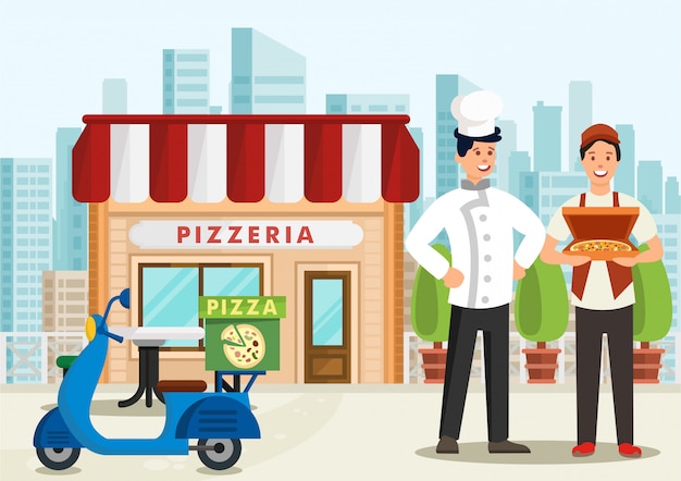 Dibujos animados de pizzaiolo de pie junto a la mensajería de pizza