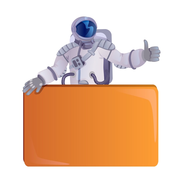 Dibujos animados plana astronauta. Astronauta, cosmonauta sosteniendo pancarta vacía. Plantilla de personaje 2d lista para usar para diseño comercial, de animación e impresión. Héroe cómico aislado