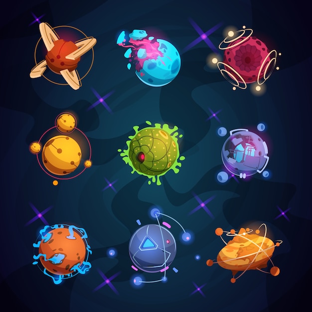 Dibujos animados de planetas fantásticos. Objetos de planeta alienígena de fantasía para juego espacial