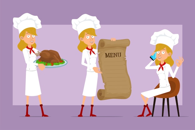 Dibujos animados plano divertido chef cocinero personaje de mujer en uniforme blanco y sombrero de panadero. chica hablando por teléfono, sosteniendo el menú y sabroso pavo frito.