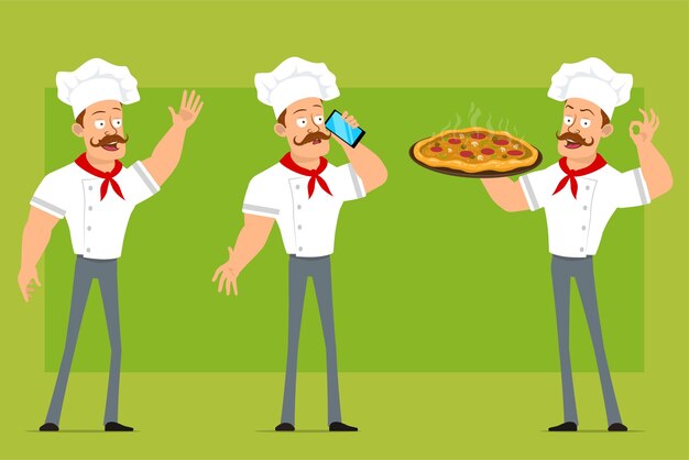 Dibujos animados plano divertido fuerte chef cocinero personaje de hombre en uniforme blanco y sombrero de panadero. Niño llevando pizza con salami y hablando por teléfono.