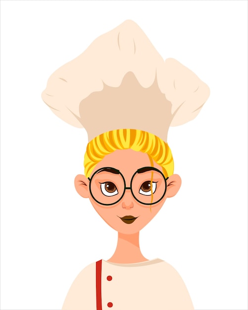 Dibujos animados plano divertido pequeño chef cocinero chica en uniforme blanco y sombrero de panadero blondie