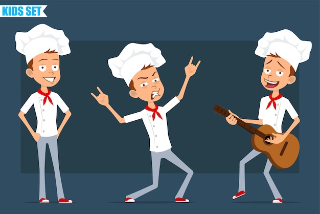 Vector dibujos animados plano divertido pequeño chef cocinero personaje de niño en uniforme blanco y sombrero de panadero. niño saltando, bailando y tocando rock en la guitarra.