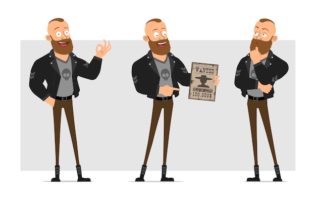 Dibujos animados plano divertido personaje fuerte barbudo hombre punk con mohawk en chaqueta de cuero. Muchacho que sostiene el cartel querido y que muestra un gesto bien.