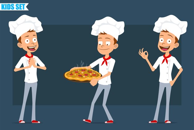 Vector dibujos animados plano pequeño chef cocinero personaje de niño en uniforme blanco y sombrero de panadero. niño sosteniendo pizza italiana con salami y mostrando signo bien.