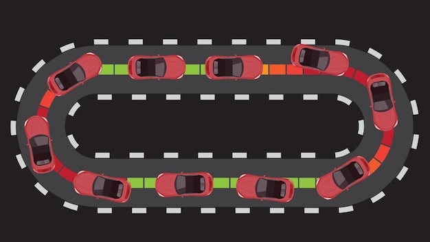 Vector dibujos animados planos de automóviles en curvas y carreteras peligrosas