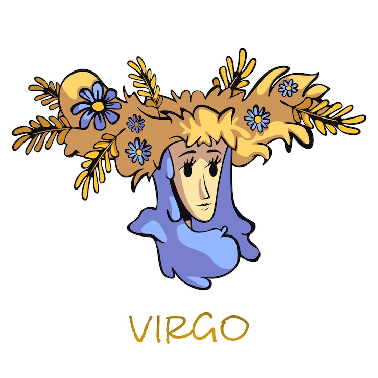 Vector dibujos animados planos de signo del zodiaco virgo. mujer en carácter de guirnalda floral. características del símbolo del horóscopo astrológico, diosa mitológica de la agricultura. elemento dibujado a mano aislado