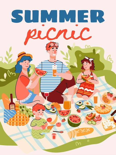 Dibujos animados de plantilla de banner o cartel de picnic familiar de verano