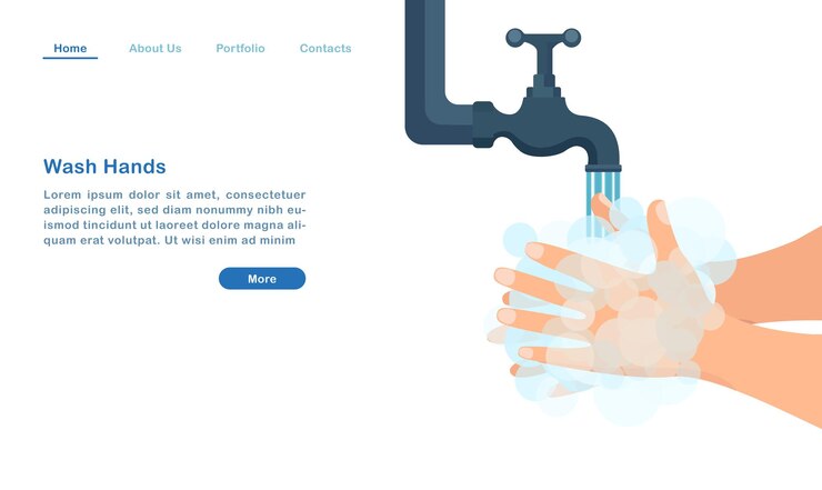 Vector dibujos animados de plantilla de página de destino del sitio web lavarse las manos con pompas de jabón concepto antibacteriano de pandemia covid-19