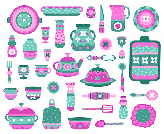 Dibujos animados de platos de cocina. Vajilla de cerámica, platos, tetera, tazas y platos, conjunto de iconos de ilustración de vajilla de cerámica de porcelana. Utensilios de cocina y vajilla, escultura de jarra, taza y tetera