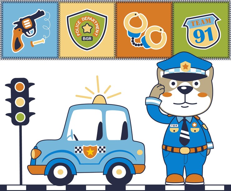 Vector dibujos animados de policías divertidos con equipo de policía