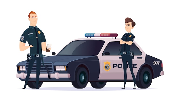 Dibujos animados policías hombre y mujer equipo. Personajes de oficiales de seguridad pública con coche de policía sobre fondo blanco. Guardianes de la ley y el orden