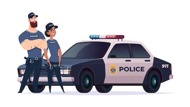 Dibujos animados policías hombre y mujer equipo. Personajes de oficiales de seguridad pública con coche de policía sobre fondo blanco. Guardianes de la ley y el orden