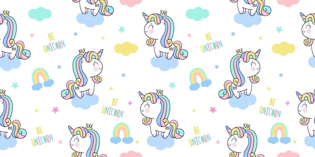 Dibujos animados de princesa unicornio sin costuras y patrón kawaii de arco iris