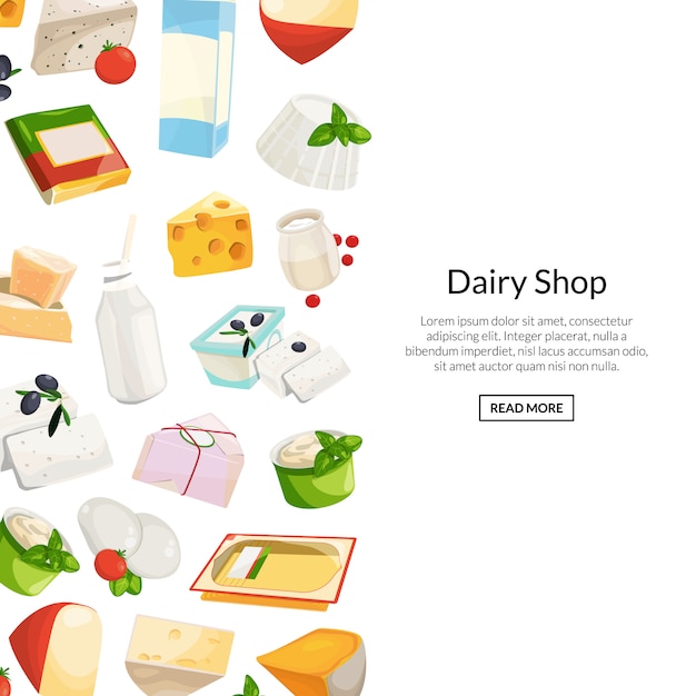 Dibujos animados de productos lácteos y quesos con ilustración copyspace