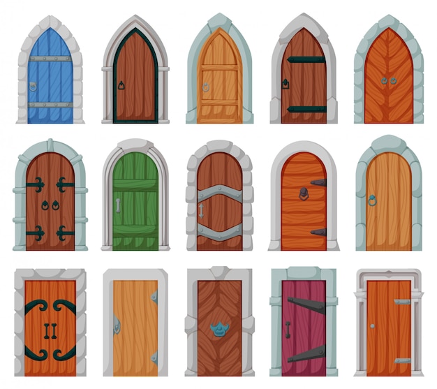 Vector dibujos animados de puerta medieval establece icono. ilustración puertas del castillo sobre fondo blanco. conjunto de dibujos animados aislados icono puerta medieval.