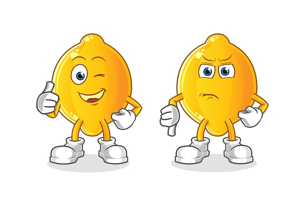 Dibujos animados de pulgares arriba y pulgares abajo de limón. mascota de dibujos animados