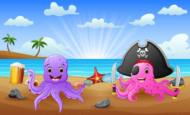 Dibujos animados de pulpo pirata en la playa