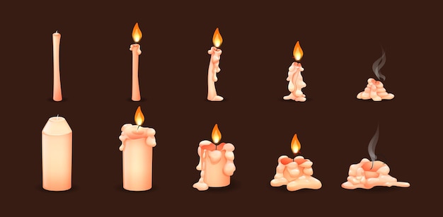Vector dibujos animados quemando velas de cera en las diferentes etapas de la quema