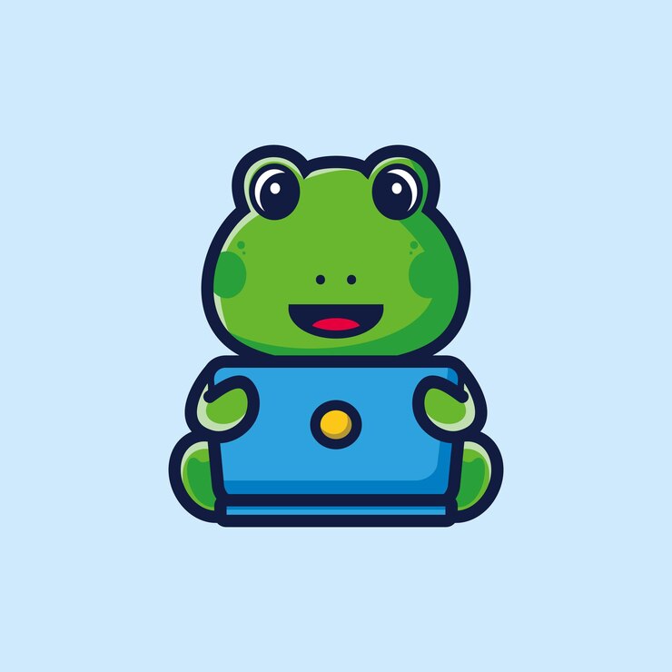 Vector dibujos animados de rana linda trabajando frente a una computadora portátil concepto de ilustración de icono de tecnología animal premium