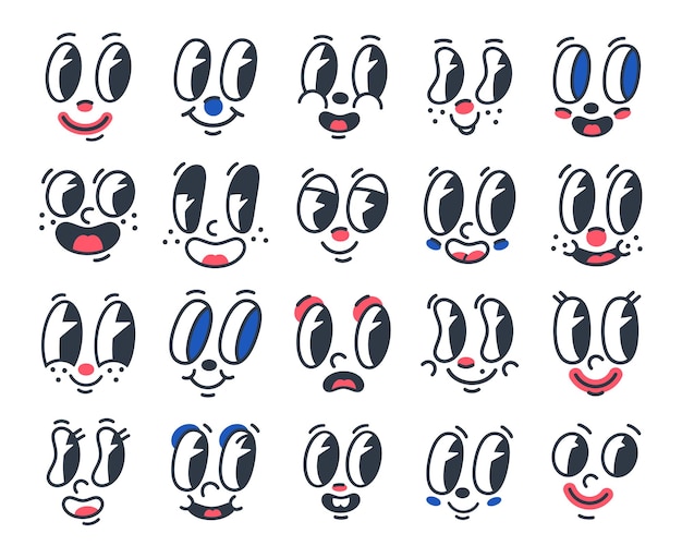 Dibujos animados retro caras divertidas 30s caricatura cómica mascota emociones vector símbolos ilustraciones conjunto