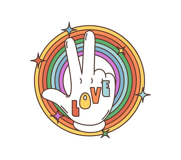 Los dibujos animados retro groovy hippie victoria símbolo de la paz