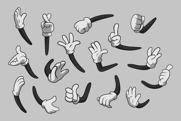 Vector dibujos animados retro manos enguantadas gestos manos de dibujos animados con guantes conjunto de iconos imágenes prediseñadas vectoriales aisladas partes del cuerpo brazos en guantes blancos plantillas de diseño de colección de gestos de mano para gráficos
