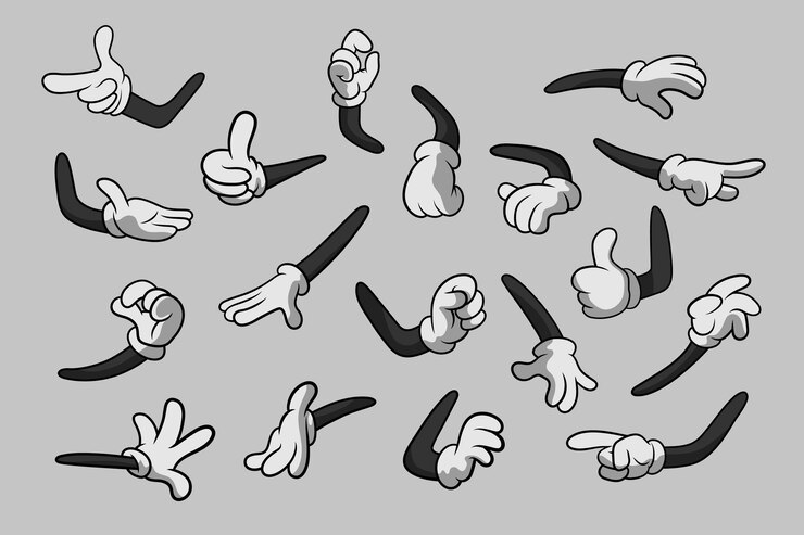 Vector dibujos animados retro manos enguantadas gestos manos de dibujos animados con guantes conjunto de iconos imágenes prediseñadas vectoriales aisladas partes del cuerpo brazos en guantes blancos plantillas de diseño de colección de gestos de mano para gráficos