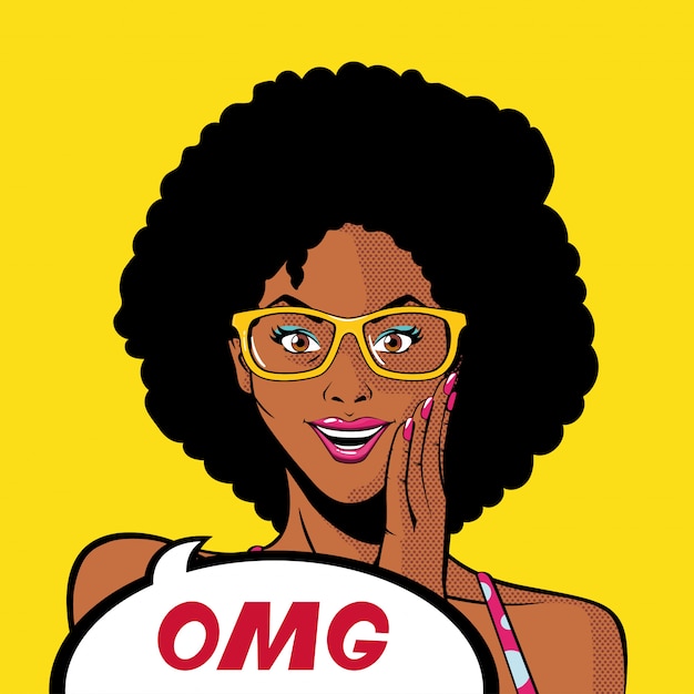 Dibujos animados retro mujer afro negra con gafas y burbuja omg