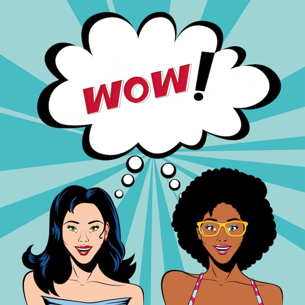 Dibujos animados retro de mujeres de cabello afro y negro con burbuja wow