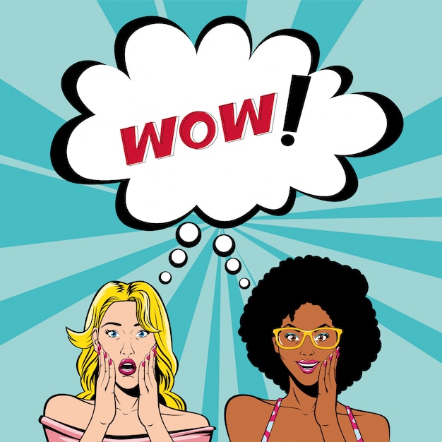 Dibujos animados retro de mujeres de cabello rubio y afro con burbuja wow