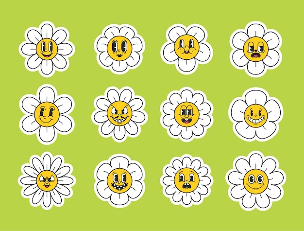 Dibujos animados retro Y2k Margaritas que muestran una variedad de emociones, desde la felicidad hasta la tristeza, agregando un toque lúdico y nostálgico a cualquier diseño. Flores alegres e infelices. Ilustración vectorial de dibujos animados.