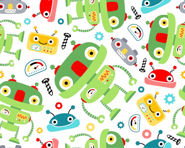 Dibujos animados de robots agradables en vector de patrones sin fisuras