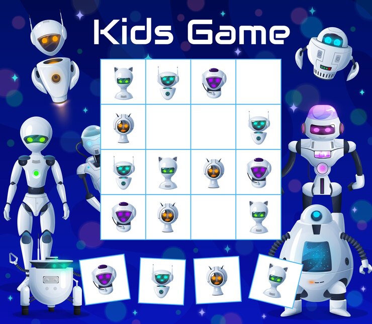 Vector dibujos animados de robots y androides sudoku juego para niños.