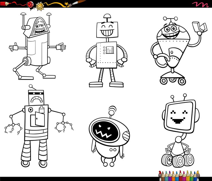 Vector dibujos animados robots y droides personajes set página de colorear