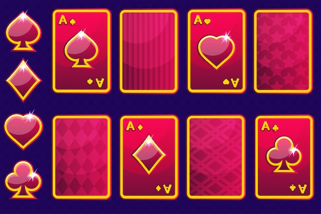 Dibujos animados rojo cuatro cartas de juego de póquer y tarjeta de vuelta. Elementos GUI