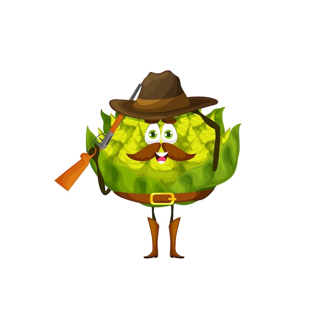Dibujos animados romanesco repollo guardabosques carácter vector niños vegetal personaje Divertido repollo romanesco vegetal con bigotes en sheriff o sombrero de vaquero occidental con pistola de rifle y cinturón de bandolera