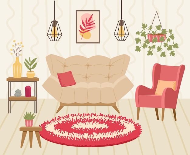 Dibujos animados sala de estar acogedor moderno interior muebles sofá sillón vector ilustración de fondo