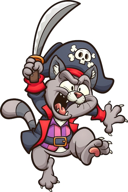 Vector dibujos animados saltando gato pirata con espada. ilustración de arte de clip.