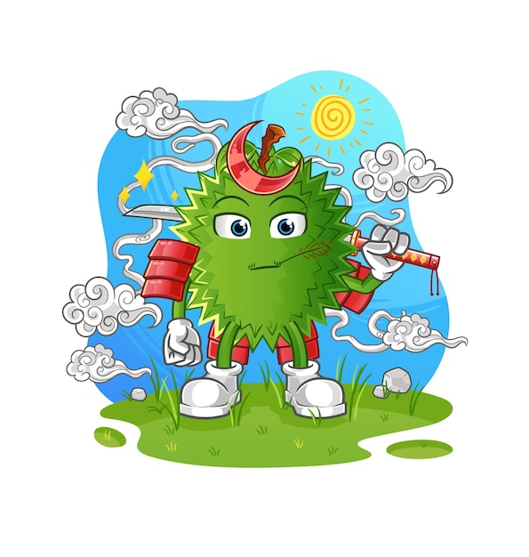 Dibujos animados de samurai durian. vector de mascota de dibujos animados