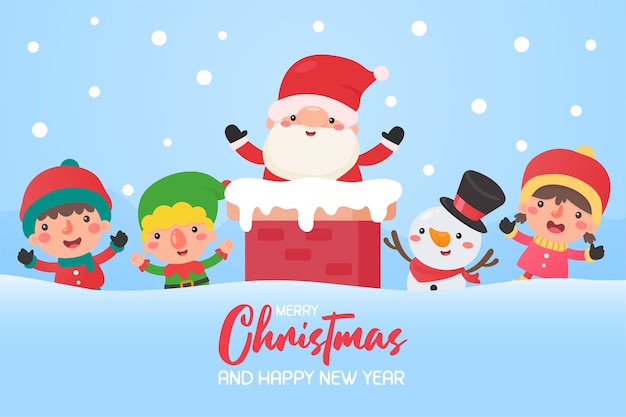 Dibujos animados de santa en la chimenea y amigos en el techo Siendo tan feliz en el invierno de Navidad