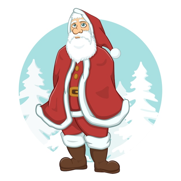 dibujos animados de santa claus con fondo de pinos