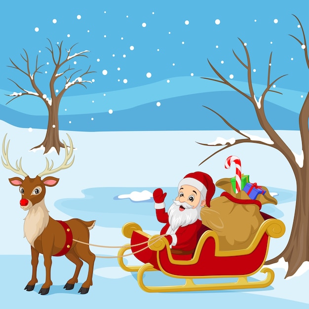 Dibujos animados de Santa Claus paseos en trineo llevando un saco de regalos con renos