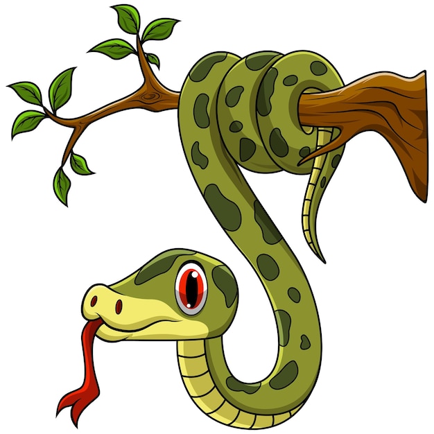 Dibujos animados de serpiente verde en la rama de un árbol